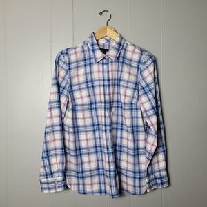 TALBOTS BLUE PINK METALLIC PLAID BUTTON DOWN SHIRT WOMENS SIZE MEDIUM